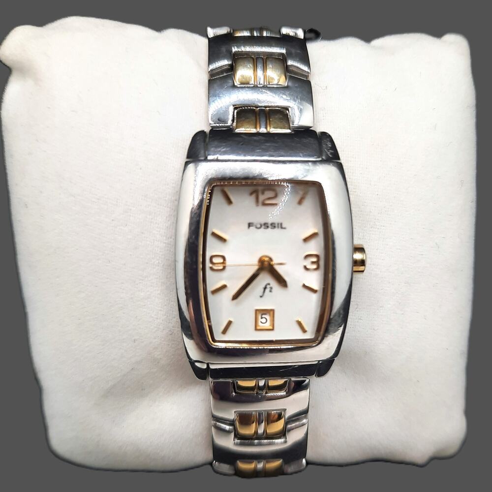Vintage Fossil Watch Two Tone Stainless Steel ES9556 Rectangle Face New Battery